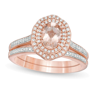 Oval Morganite and 0.25 CT. TW diamond Double Frame Floral Bridal Set in 10K Rose Gold