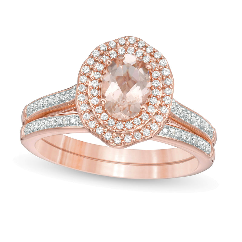 Oval Morganite and 0.25 CT. TW diamond Double Frame Floral Bridal Set in 10K Rose Gold