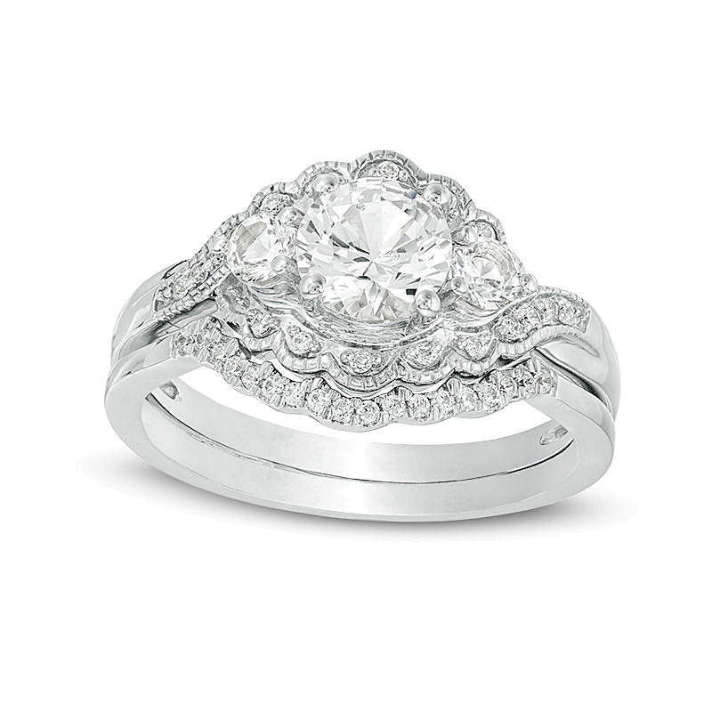 Lab-Created White Sapphire and 0.17 CT. TW Diamond Three Stone Bypass Vintage-Style Bridal Set in Sterling Silver