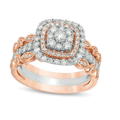 0.88 CT. TW Composite Diamond Double Cushion Frame Art Deco Vintage-Style Three Piece Bridal Set in 14K Two-Tone Gold