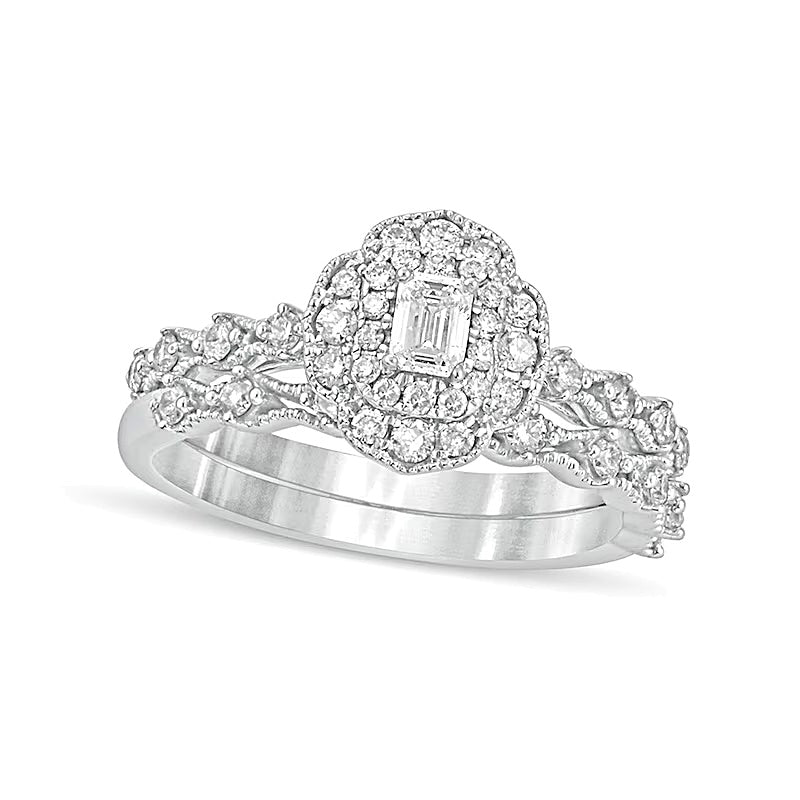 0.63 CT. TW Emerald-Cut Diamond Frame Vintage-Style Bridal Set in 10K White Gold