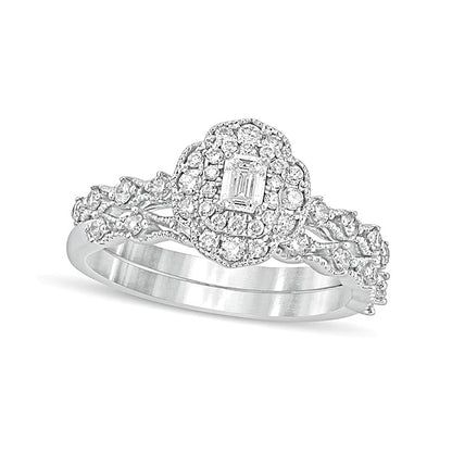 0.63 CT. TW Emerald-Cut Diamond Frame Vintage-Style Bridal Set in 10K White Gold