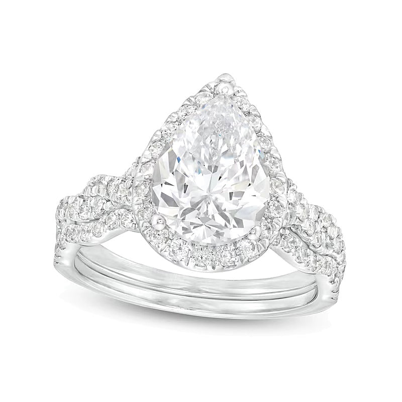 2.63 CT. TW Pear-Shaped Lab-Grown Diamond Frame Twist Shank Bridal Set in 14K White Gold (I/SI2)