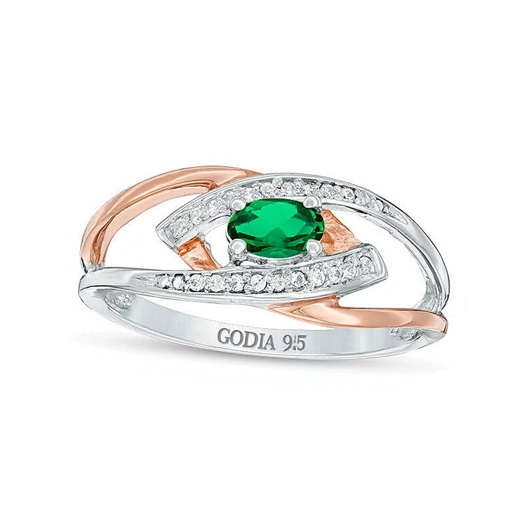 Oval Lab-Created Emerald and Diamond Accent Split Shank Ring in Sterling Silver and 10K Rose Gold
