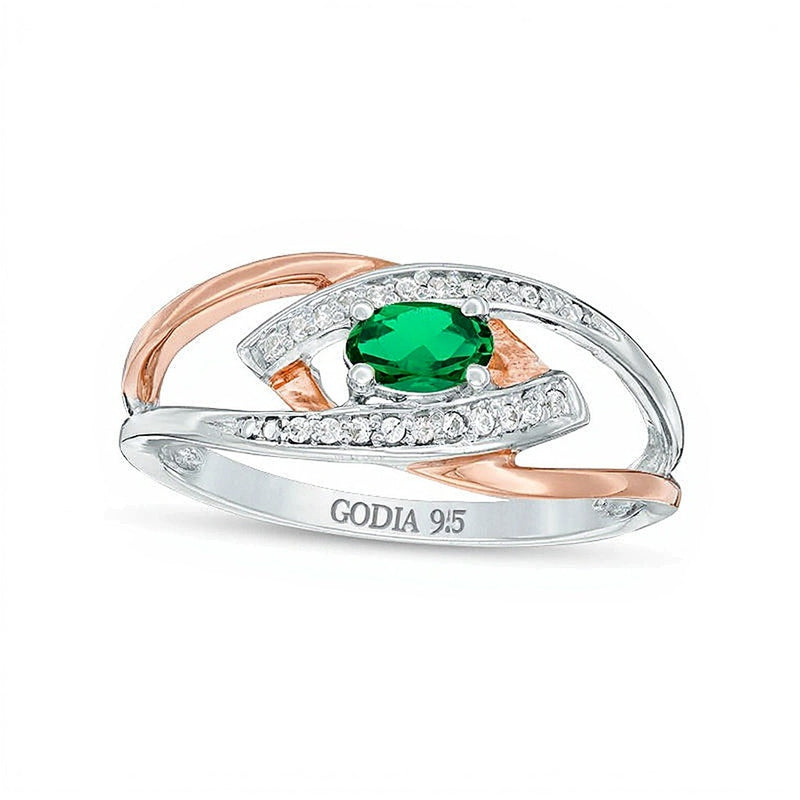 Oval Lab-Created Emerald and Diamond Accent Split Shank Ring in Sterling Silver and 10K Rose Gold