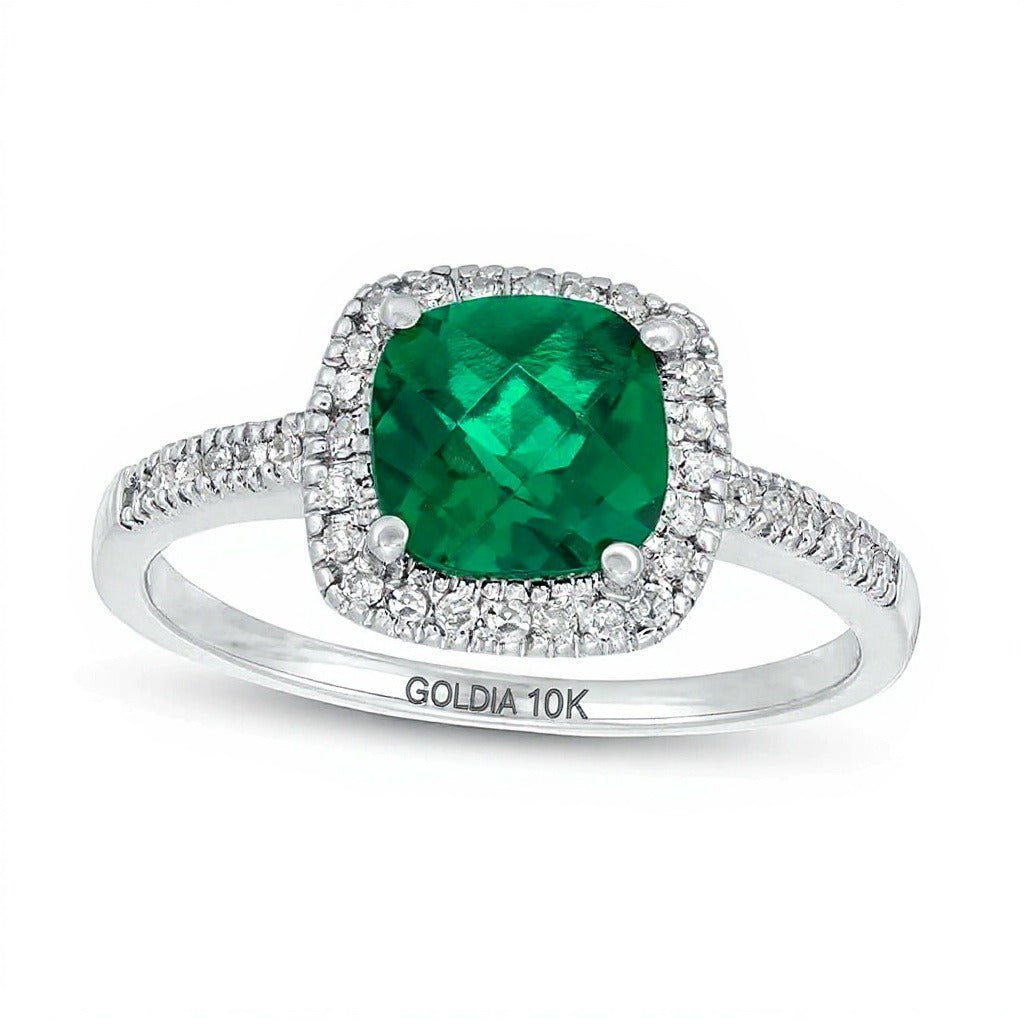 7.0mm Checkerboard Cushion-Shaped Lab-Created Emerald and 0.2 CT. TW Diamond Frame Ring in 10K White Gold