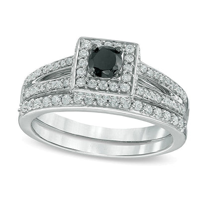 0.5 CT. TW Enhanced Black and White Diamond Square Frame Split Shank Bridal Set in Sterling Silver