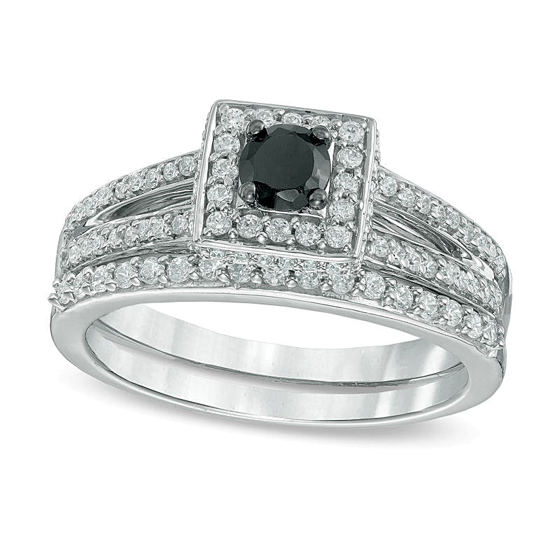 0.5 CT. TW Enhanced Black and White Diamond Square Frame Split Shank Bridal Set in Sterling Silver