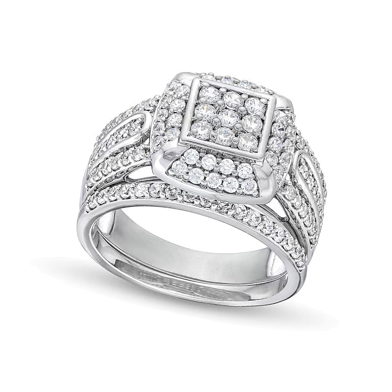 1.0 CT. TW Princess Multi-Diamond Cushion Frame Bridal Set in 10K White Gold