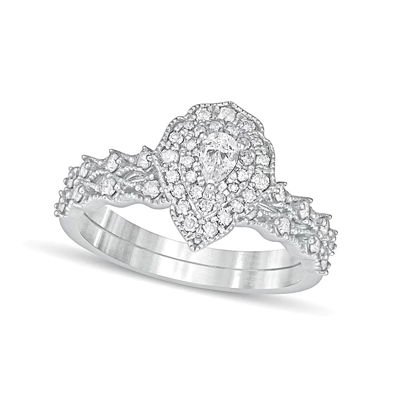 0.63 CT. TW Pear-Shaped Diamond Double Frame Vintage-Style Bridal Set in 10K White Gold
