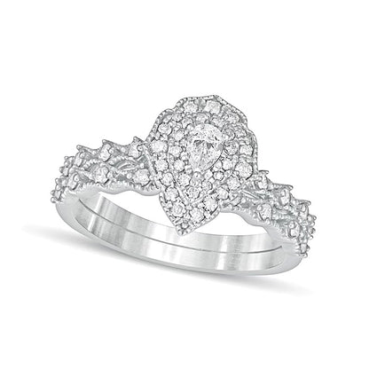 0.63 CT. TW Pear-Shaped Diamond Double Frame Vintage-Style Bridal Set in 10K White Gold