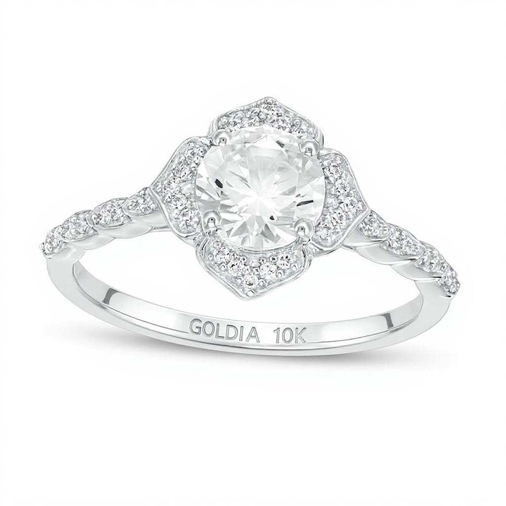 6.0mm Lab-Created White Sapphire and 0.13 CT. TW Diamond Frame Flower Ring in 10K White Gold
