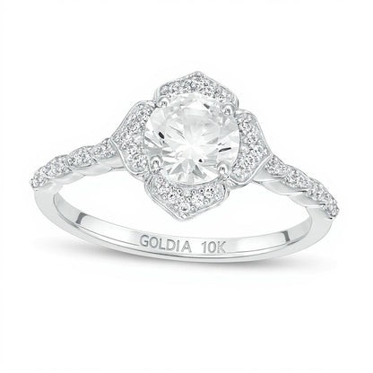 6.0mm Lab-Created White Sapphire and 0.13 CT. TW Diamond Frame Flower Ring in 10K White Gold