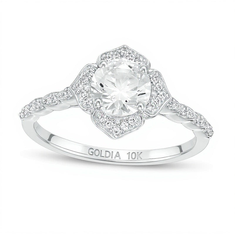 6.0mm Lab-Created White Sapphire and 0.13 CT. TW Diamond Frame Flower Ring in 10K White Gold
