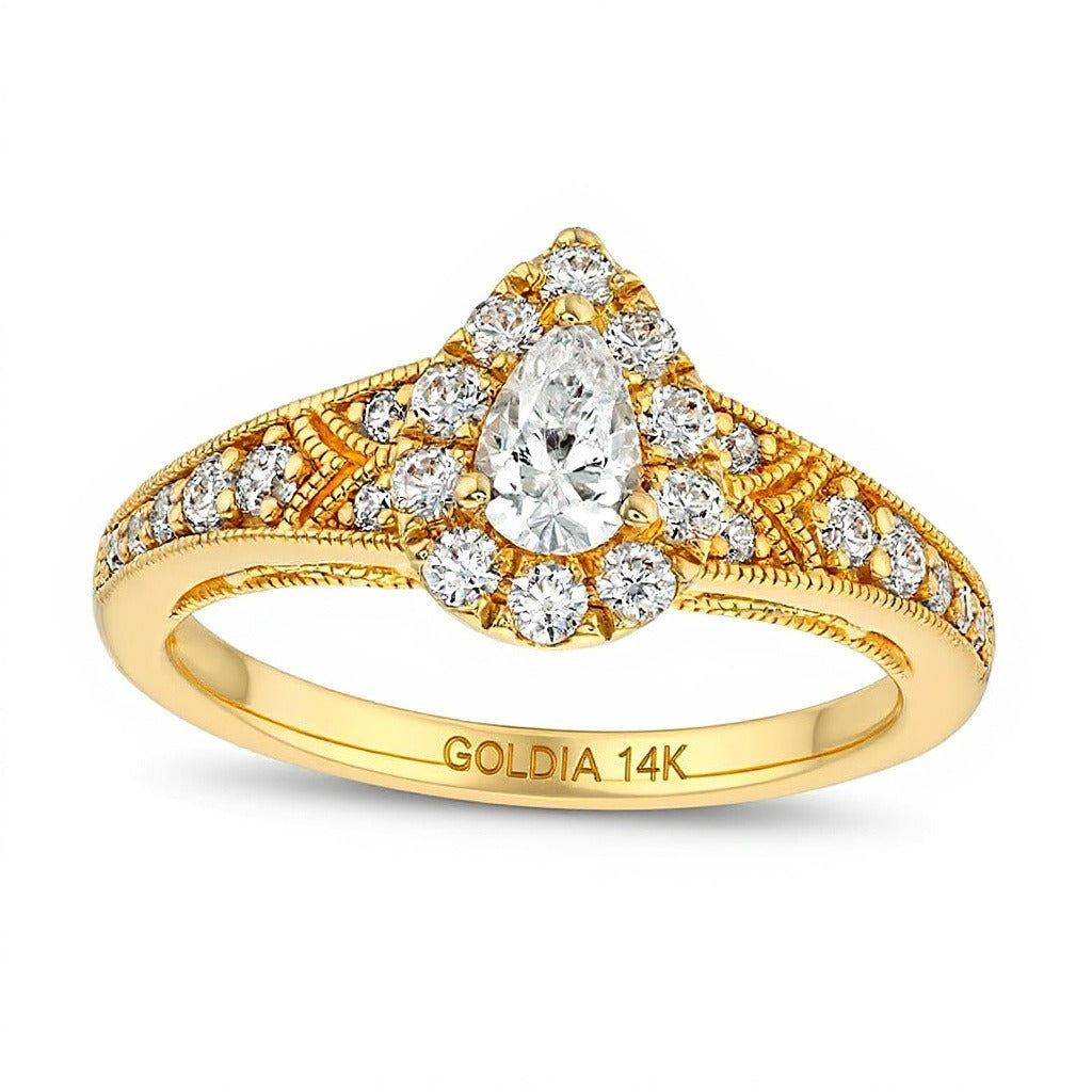 0.75 CT. TW Pear-Shaped Diamond Teardrop Frame Vintage-Style Engagement Ring in 14K Gold