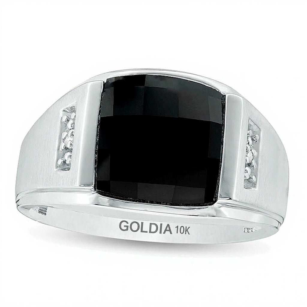 Rectangle Faceted Onyx and Diamond Accent Multi-Finish Ring in 10K White Gold