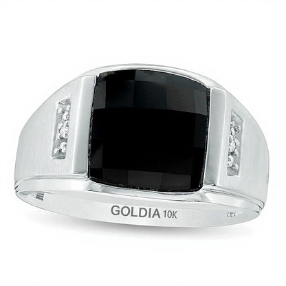 Rectangle Faceted Onyx and Diamond Accent Multi-Finish Ring in 10K White Gold