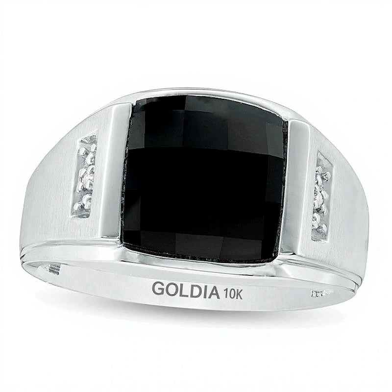 Rectangle Faceted Onyx and Diamond Accent Multi-Finish Ring in 10K White Gold