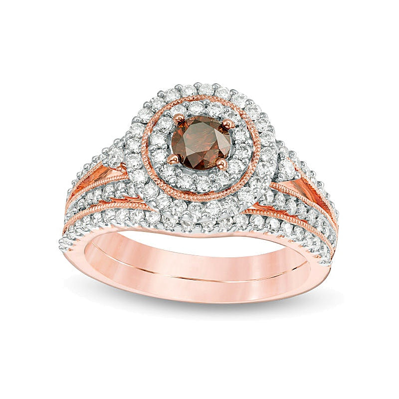 1.25 CT. TW Enhanced Champagne and White Diamond Double Frame Vintage-Style Bridal Set in 14K Rose Gold