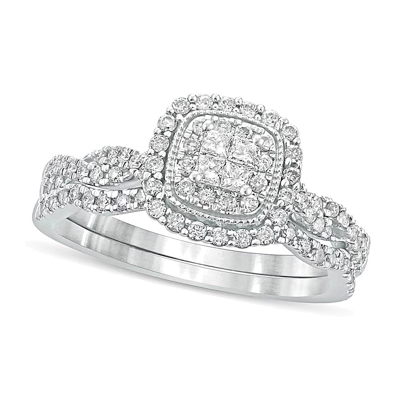 0.5 CT. TW Quad Princess-Cut Diamond Cushion Frame Twist Shank Bridal Set in 10K White Gold