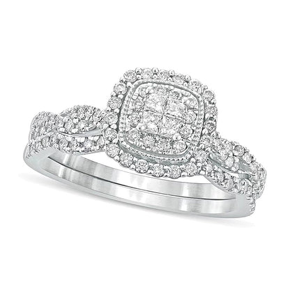 0.5 CT. TW Quad Princess-Cut Diamond Cushion Frame Twist Shank Bridal Set in 10K White Gold