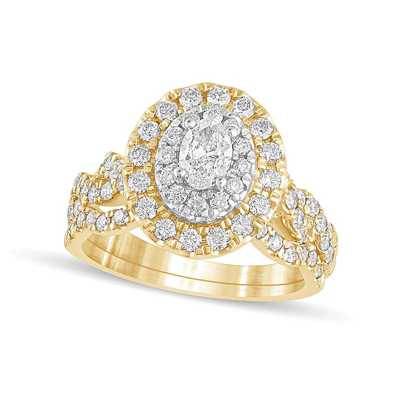 1.5 CT. TW Oval Diamond Double Frame Multi-Row Bridal Set in 10K Gold