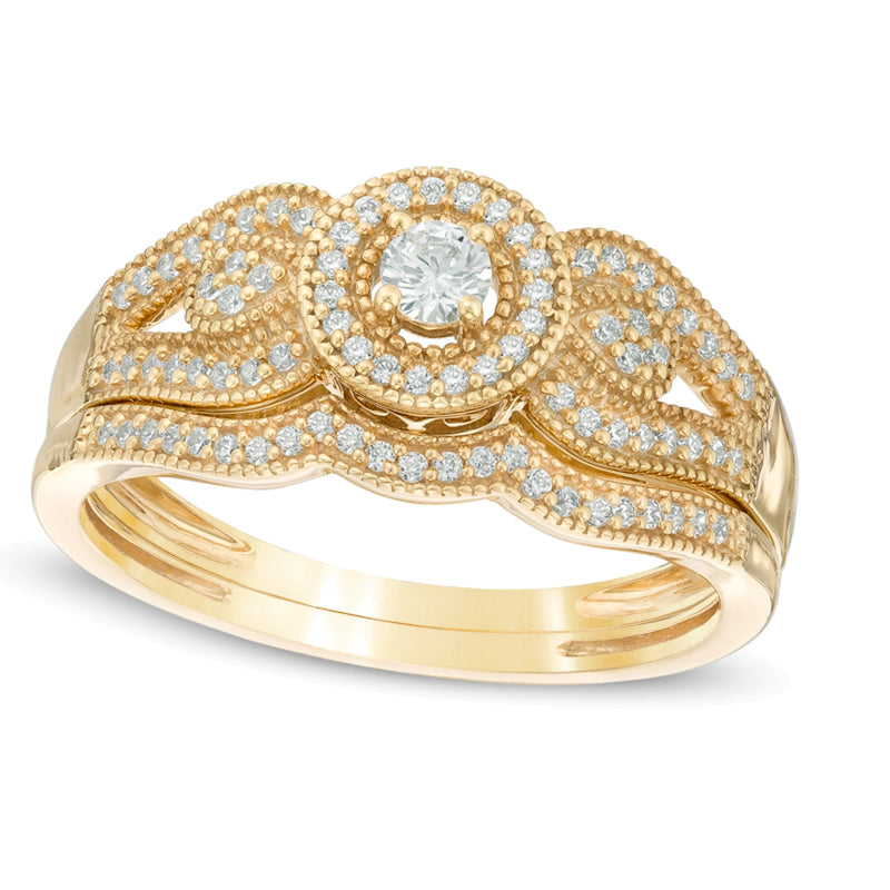 0.25 CT. TW Diamond Frame Vintage-Style Split Shank Bridal Set in 10K Gold