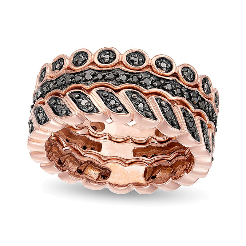 0.25 CT. TW Black Diamond Three Piece Stackable Band Set in Sterling Silver with 14K Rose Gold Plate