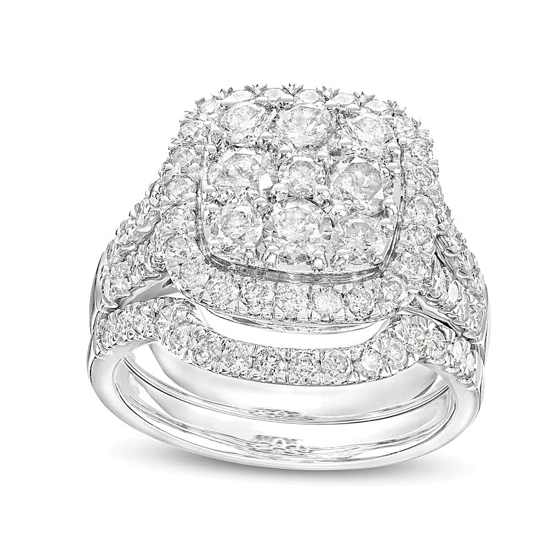 2.25 CT. TW Cushion-Shaped Multi-Diamond Frame Split Shank Bridal Set in 14K White Gold