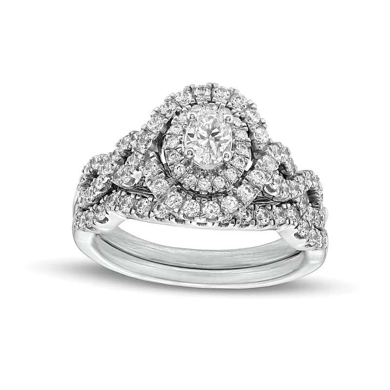 1.0 CT. TW Oval Diamond Double Frame Twist Shank Bridal Set in 14K White Gold