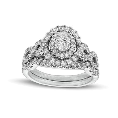 1.0 CT. TW Oval Diamond Double Frame Twist Shank Bridal Set in 14K White Gold