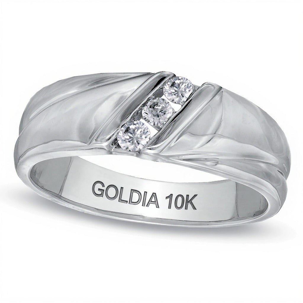 0.17 CT. TW Diamond Three Stone Slant Wedding Band in 10K White Gold