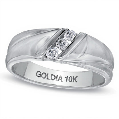 0.17 CT. TW Diamond Three Stone Slant Wedding Band in 10K White Gold