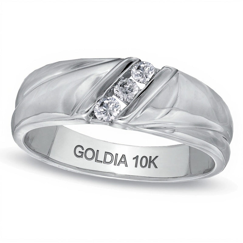 0.17 CT. TW Diamond Three Stone Slant Wedding Band in 10K White Gold