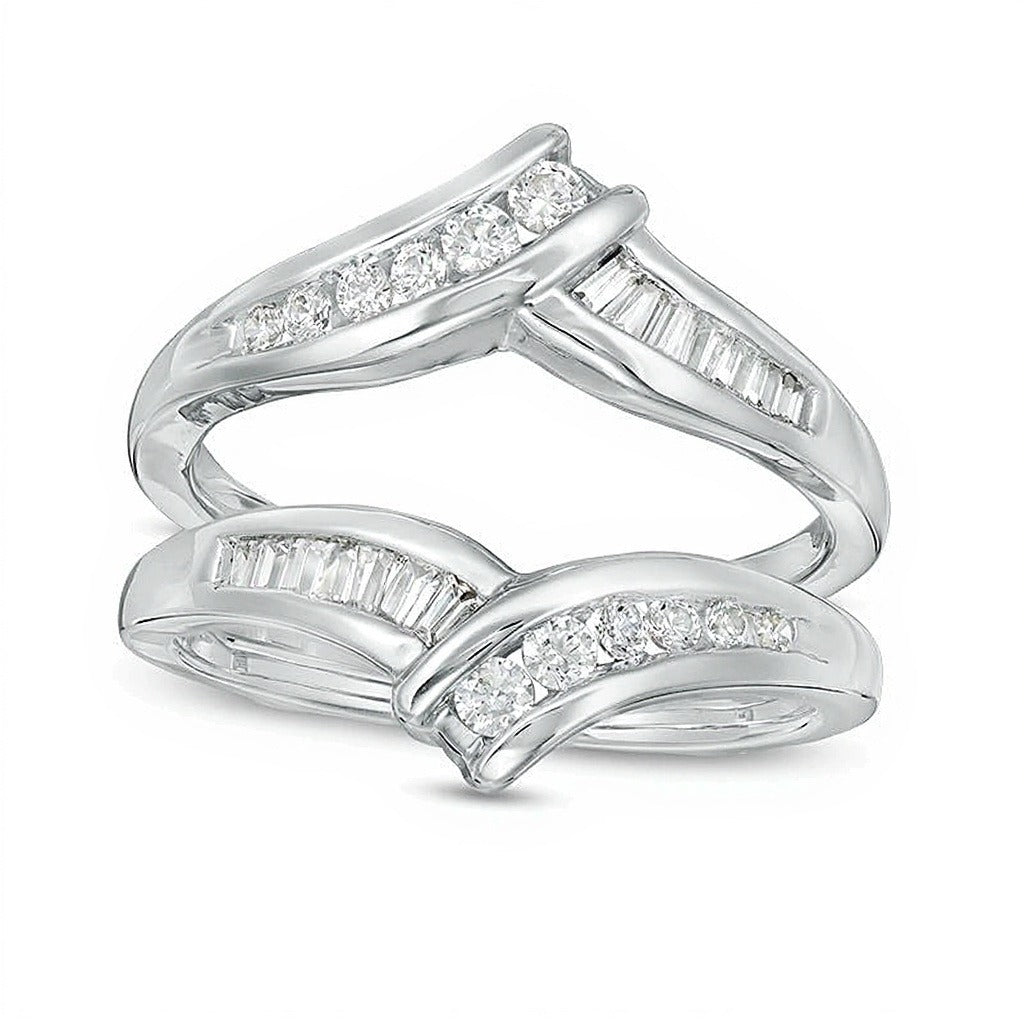 0.5 CT. TW Baguette and Round Diamond Bypass Solitaire Enhancer in 14K White Gold