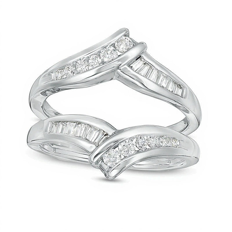 0.5 CT. TW Baguette and Round Diamond Bypass Solitaire Enhancer in 14K White Gold
