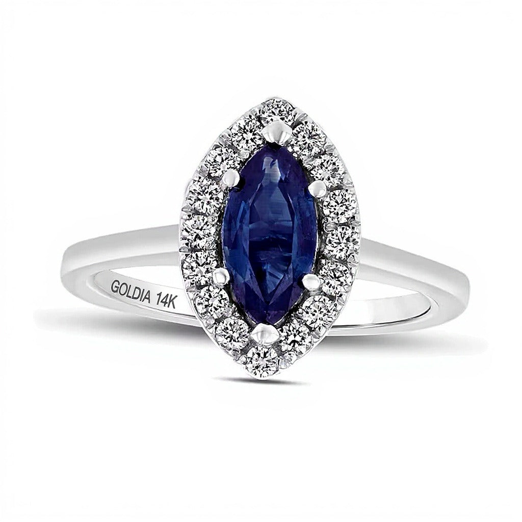 Marquise Blue Sapphire and 0.25 CT. TW Diamond Frame Ring in 14K White Gold