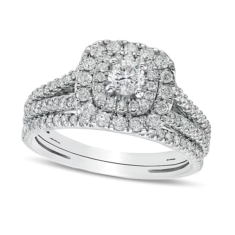 1.0 CT. TW Diamond Double Cushion-Shaped Frame Multi-Row Bridal Set in 10K White Gold