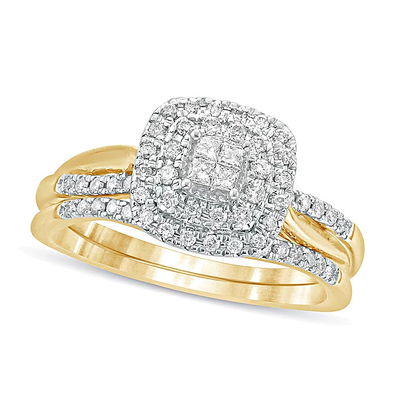 0.38 CT. TW Princess-Cut Quad Diamond Cushion Frame Bridal Set in 10K Gold