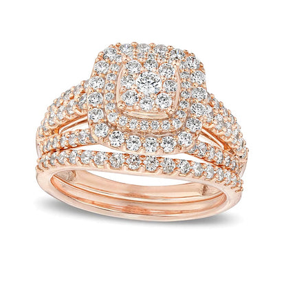 1.13 CT. TW Cushion-Shape Multi-Diamond Frame Split Shank Multi-Row Bridal Set in 10K Rose Gold