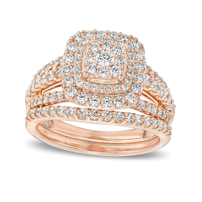 1.13 CT. TW Cushion-Shape Multi-Diamond Frame Split Shank Multi-Row Bridal Set in 10K Rose Gold