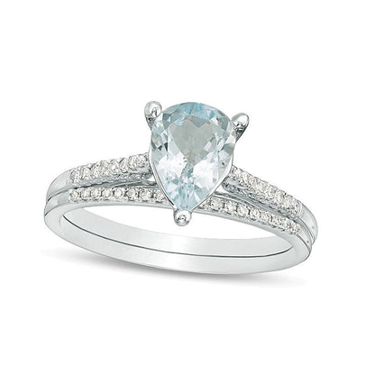 Pear-Shaped Aquamarine and 0.13 CT. TW Diamond Bridal Set in 10K White Gold
