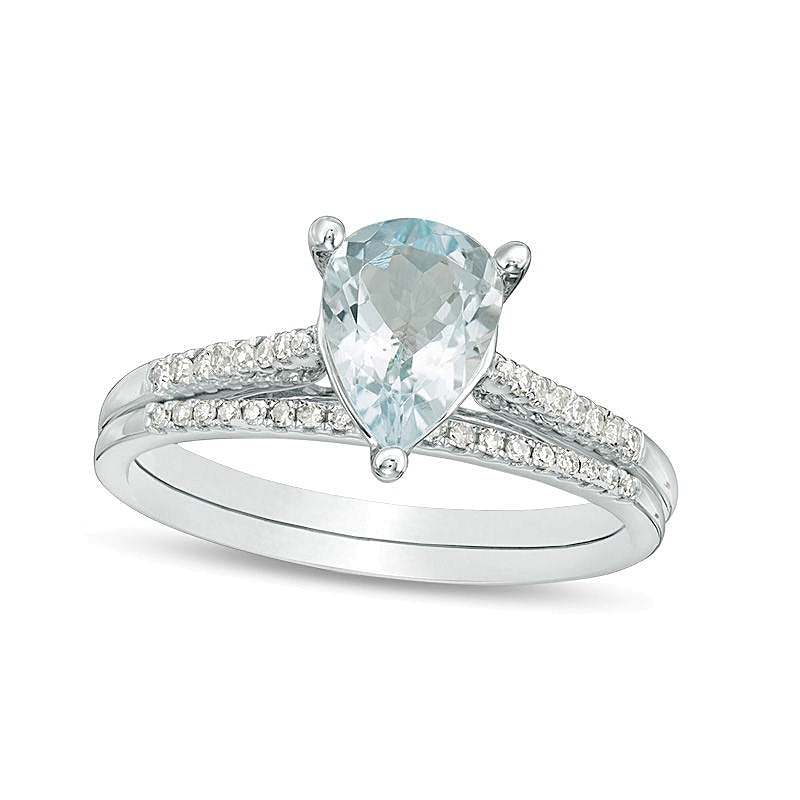 Pear-Shaped Aquamarine and 0.13 CT. TW Diamond Bridal Set in 10K White Gold