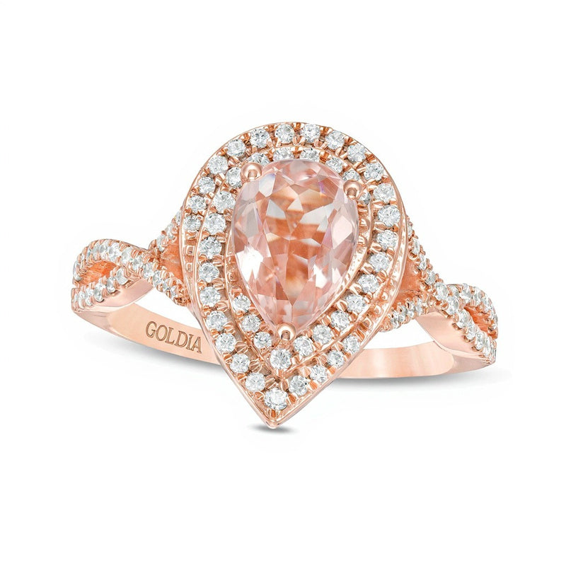 Pear-Shaped Morganite and 0.5 CT. TW Diamond Cascade Frame Crossover Shank Ring in 10K Rose Gold