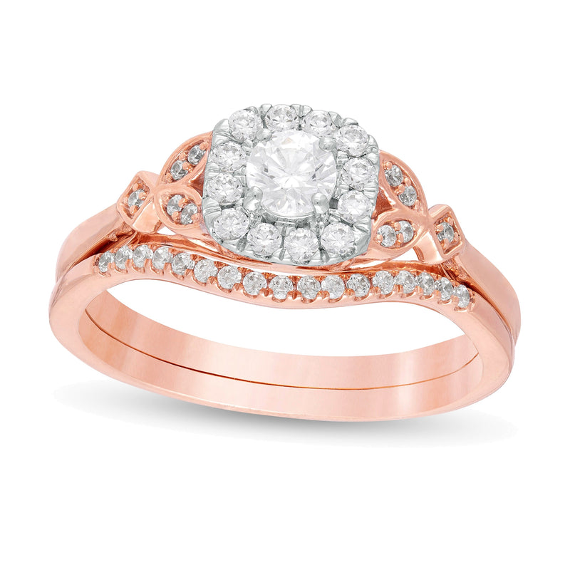 0.5 CT. TW Diamond Cushion Frame Leaf-Sides Bridal Set in 10K Rose Gold