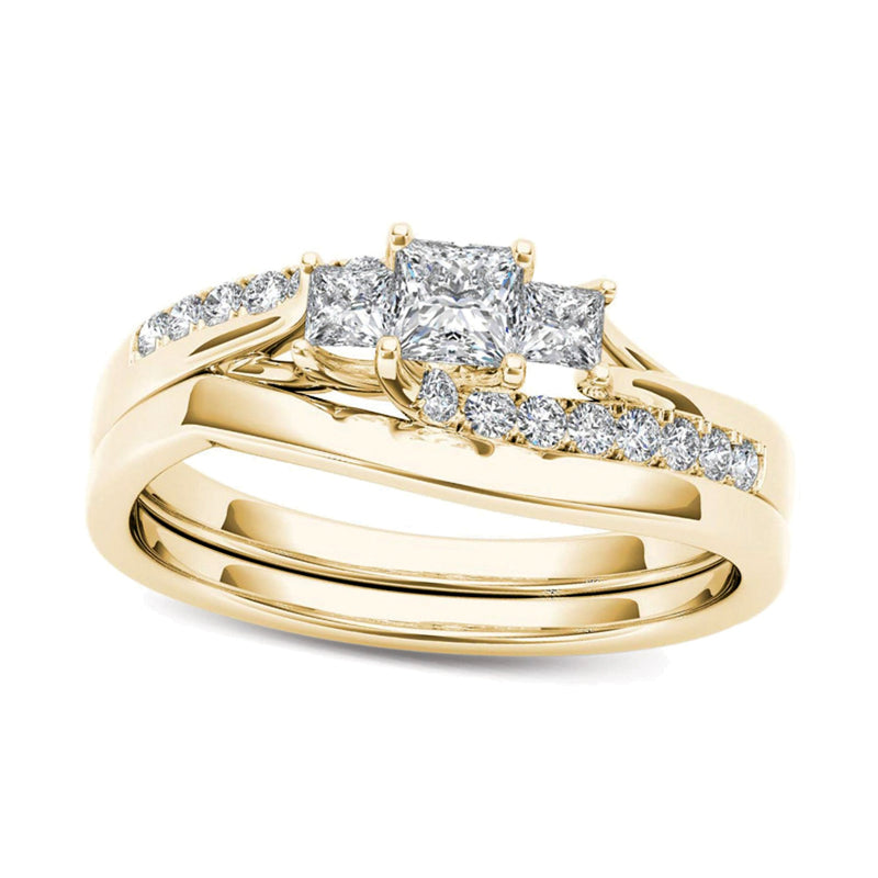 0.5 CT. TW Princess-Cut Diamond Three Stone Bypass Bridal Set in 14K Gold