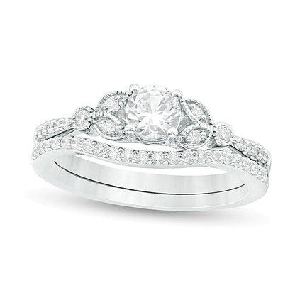 4.5mm Lab-Created White Sapphire and 0.17 CT. TW Diamond Leaf-Sides Vintage-Style Bridal Set in Sterling Silver