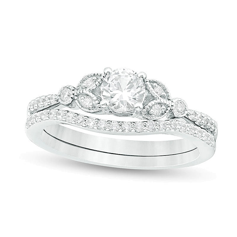4.5mm Lab-Created White Sapphire and 0.17 CT. TW Diamond Leaf-Sides Vintage-Style Bridal Set in Sterling Silver