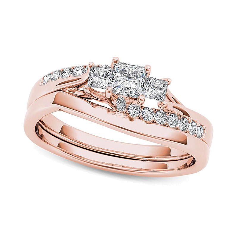 0.5 CT. TW Princess-Cut Diamond Three Stone Bypass Bridal Set in 14K Rose Gold