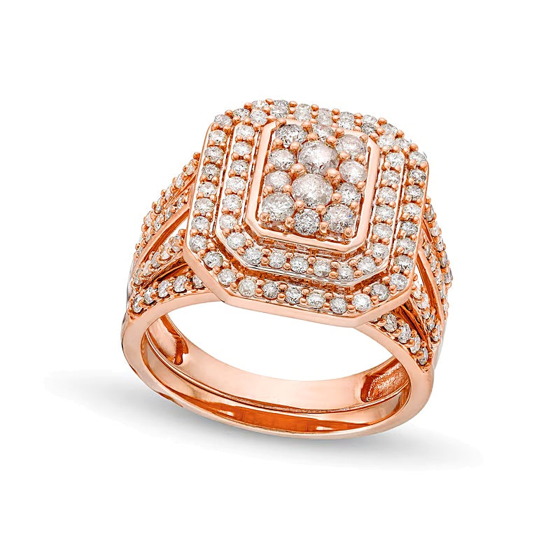 1.25 CT. TW Emerald Multi-Diamond Elongated Octagon Frame Split Shank Bridal Set in 10K Rose Gold